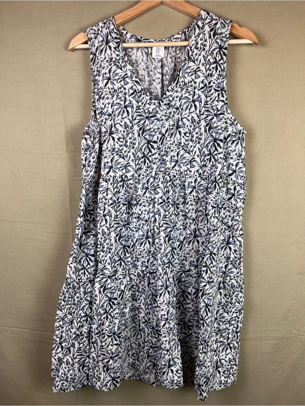 100% Linen Lucky Brand V-Neck Floral Sleeveless Babydoll Tiered Mini Dress